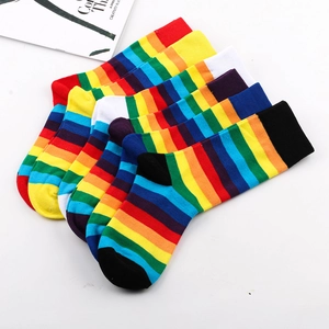 Rainbow striped mid-calf socks in colorful multi-pack set for women and men