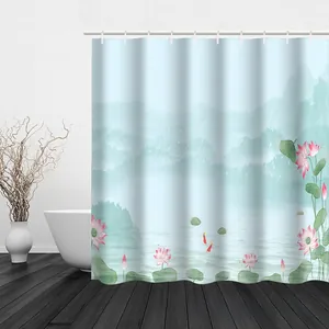 Detail des wasserdichten Duschvorhangs mit Lotus- und Berg-Tuschemalerei-Druck