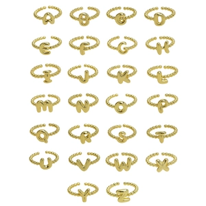 Detail view of 26 pieces gold adjustable rings with alphabet letters A-Z and beaded band