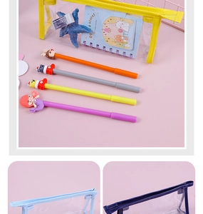 Detail of transparent PVC pencil case with color-coded zipper and visible storage space