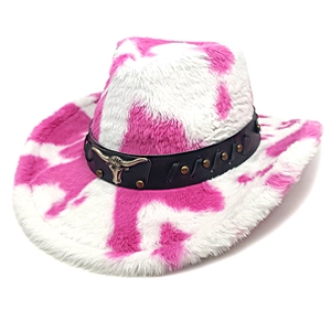 Pink and white cow print plush cowboy hat with metal bull head buckle on leather band