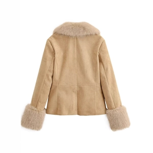 Women's faux suede short jacket in camel with plush detachable faux fur collar and cuffs