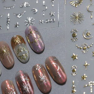 Golden and silver celestial 3D embossed nail art stickers with sun and moon designs