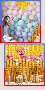 Golden foil curtain backdrop with pink and silver heart-shaped balloons for party decoration
