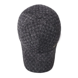 Men's winter plaid baseball cap with warm ear flaps and textured herringbone fabric