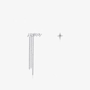 Asymmetric Earrings 925 Sterling Silver Happy Letter Long Chain Tassel Four Pointed Star Zircon Dangle Jewelry For Women