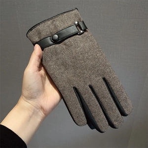 Men's winter gloves featuring brown twill fabric with black leather palm and metal buckle