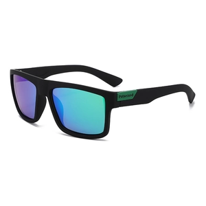 Polarized sports sunglasses with matte black frames and blue-green mirrored lenses