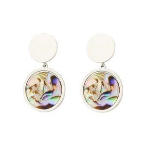 Macro detail of silver dangle earrings featuring natural iridescent abalone shell inlays