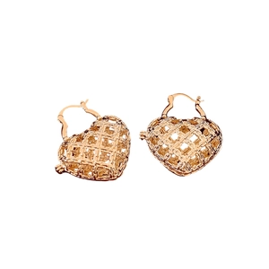 Elegant gold heart-shaped hoop earrings with a hollow mesh weave pattern for women