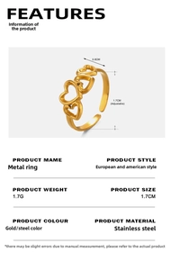 Spécifications de taille pour la bague ajustable en acier inoxydable doré 18K à cœurs évidés