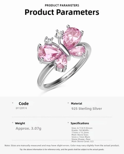 Detail view of S925 sterling silver ring with pink zircon butterfly wings and sizing info
