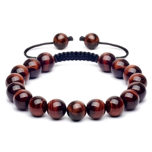 Close-up of red tiger eye beads with adjustable black woven cord and secure knot