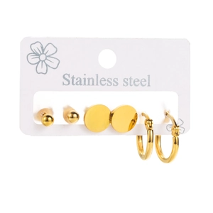 Three pairs of golden stainless steel stud earrings set with balls and hoops on white card