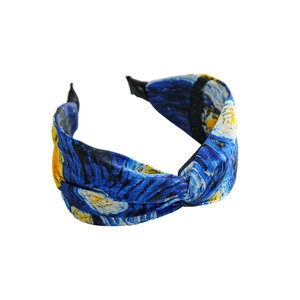 Vintage Starry Night oil painting style wide headband with cross-knot fabric design