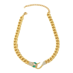 Gold chunky chain snake head necklace with white rhinestones and green gems decoration