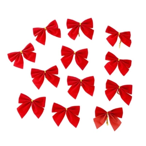 Set of 12 red velvet Christmas tree bows with gold twist ties on a white background