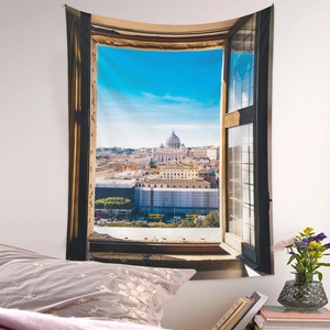 3D fake window tapestry featuring Italian Vatican city view for bedroom wall decor
