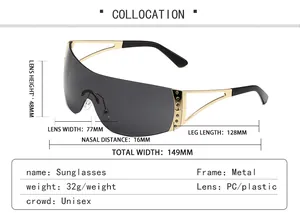 Detailed size chart for Y2K rimless sports sunglasses with dimensions and specifications