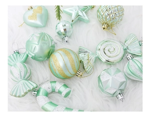 Detail of mint green and gold Christmas ornaments set on white faux fur background