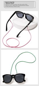Detail of colorful braided eyewear cords with adjustable silicone loops and silver springs