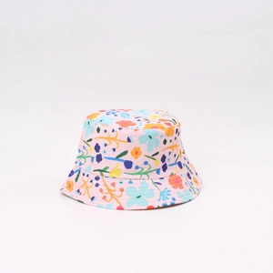 Pink floral print sun hat for children featuring colorful flowers and a wide brim style