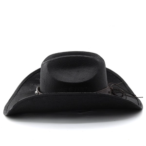 Detail of black woven cowboy hat featuring a brown leather band and silver buckle accents