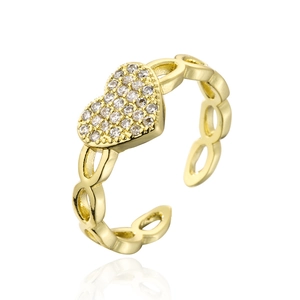 Macro shot of 18K gold plated heart ring with sparkling pave cubic zirconia accents