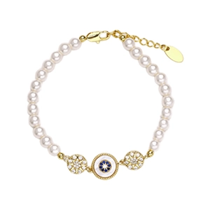 Bracelet en perles vintage doré 18 carats avec pendentifs mauvais œil et soleil