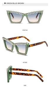 Detail view of green jelly frame sunglasses with pearl accents and gradient blue lenses