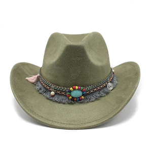 Chapeau de cowboy classique en daim vert olive avec bande tressée ethnique et turquoise