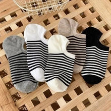 Close-up of five pairs of striped low-cut ankle socks in various neutral tones