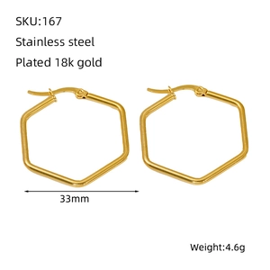 Vue à plat de créoles hexagonales de 33 mm en acier inoxydable plaqué or 18 carats pour femme