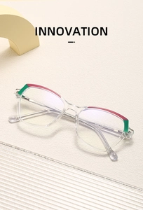 Detail of transparent retro glasses frame with stylish red and green color block design