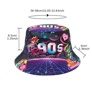 90S vintage graffiti bucket hat with digital print and sun protection dimensions