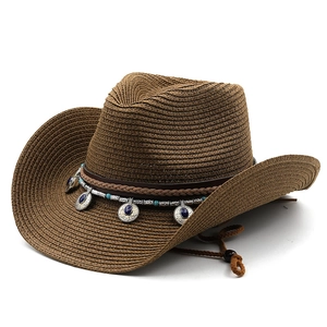 Chapeau de cowboy en paille marron à bord large avec perles turquoise et mentonnière