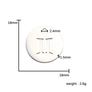 Polished stainless steel 18mm round cutout zodiac pendant with size and weight specs