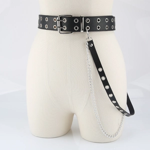 Harajuku punk style black PU leather double grommet belt with silver metal chain decor