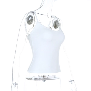 Side view of white slim-fit ribbed camisole top featuring a delicate bow knot detail