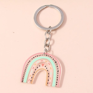 Detail of macaron rainbow acrylic keychain with heart pattern and silver metal ring