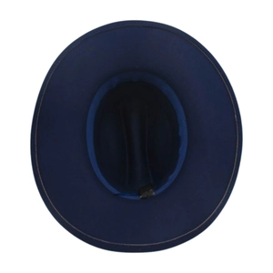 Detail view of the navy blue wool fedora hat showing silk lining and inner label