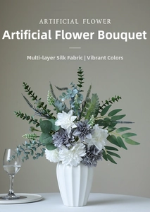 Artificial dahlia flower bouquet in white ceramic vase for home table centerpiece decor