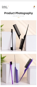 Three-piece professional hair styling set with tail comb and eyebrow brush in black and purple