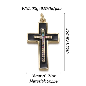 Detail of cross pendant showing dimensions 35x18mm and colorful zircon inlay in gold