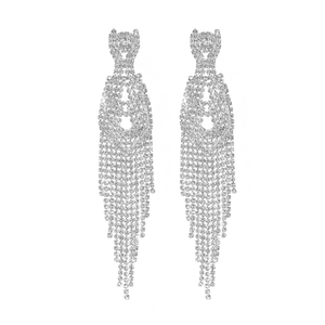 Luxury long silver rhinestone tassel earrings with sparkling bridal pendant detail