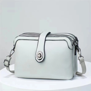 Light blue lychee grain leather crossbody bag with three zipper layers and top handle