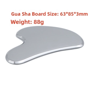 Polished stainless steel heart-shaped gua sha tool with 63x85x3mm dimensions and 88g weight