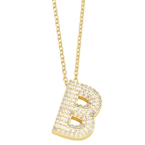 Gold plated initial letter B necklace featuring pavé zircon crystals on a classic link chain