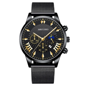 Men Quartz Watch Multi Function Chronograph Calendar Business Casual Luxury Stainless Steel Mesh Band Alloy Case Luminous