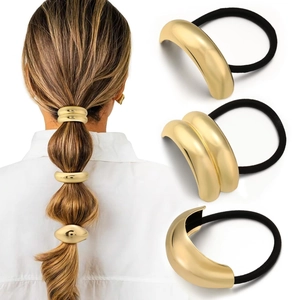 Minimalist gold metal hair tie set with smooth mirror finish and black elastic band